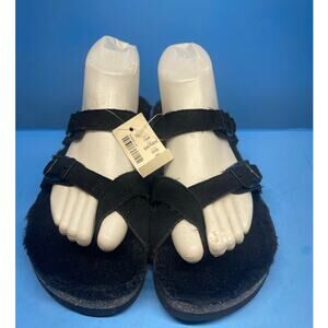 Aeropostale Womens 8 38 Black Fuzzy Plush Lined Dual Strap Slides Sandals Flats